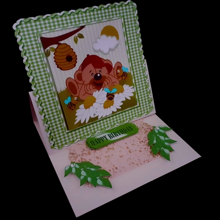 Mr Teddy watching the bees in the garden with leaves card front 7x7 (Green) by Diane  Hitchcox