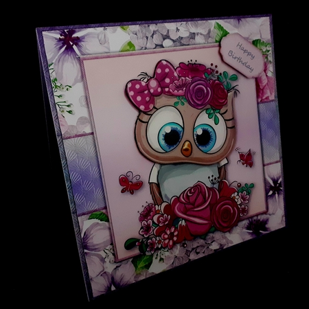 Beautiful Brown Owl With Pink & Purple Flowers 8x8 by Diane  Hitchcox