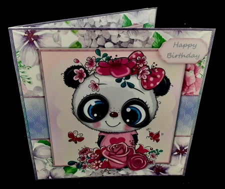 Beautiful Panda With Pink & Purple Flowers 8x8 by Diane  Hitchcox