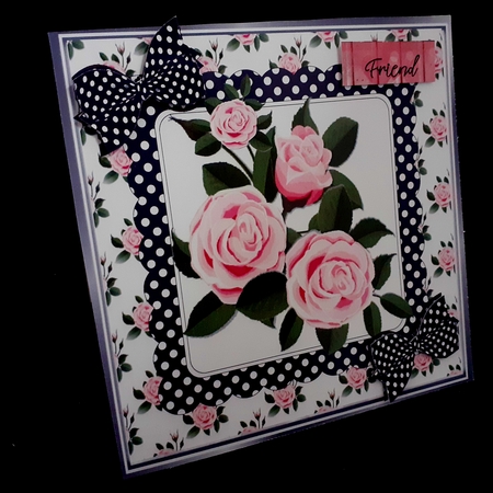 Pretty pink roses in black polkadot frame with bows 8x8 by Diane  Hitchcox