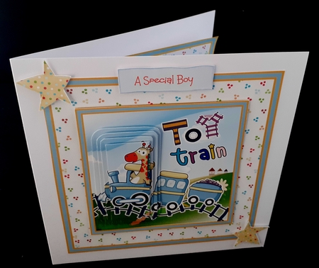 Giraffe and toy train 7x7 card by Diane  Hitchcox