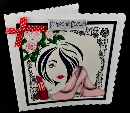 Trendy Girl with pink roses & shoes in black rose frame,8x8 (three) by Diane  Hitchcox