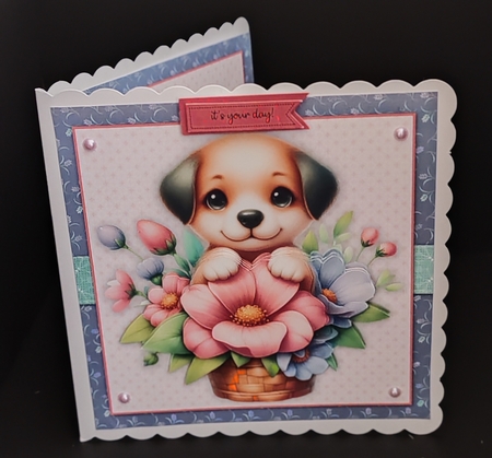 Puppy Dog with Flower Basket 7.5 Inch Card Front with Decoupage and Insert by Diane  Hitchcox