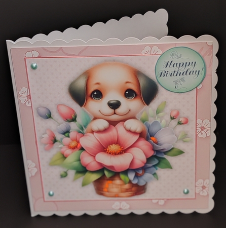 Puppy Dog with Flower Basket 7.5 Inch Card Front with Decoupage and Insert by Diane  Hitchcox