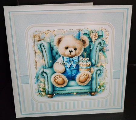 7x7 Birthday Teddies in Blue Chair Card Front 5, Sentiments and x2 Pyramage Layers by Diane  Hitchcox