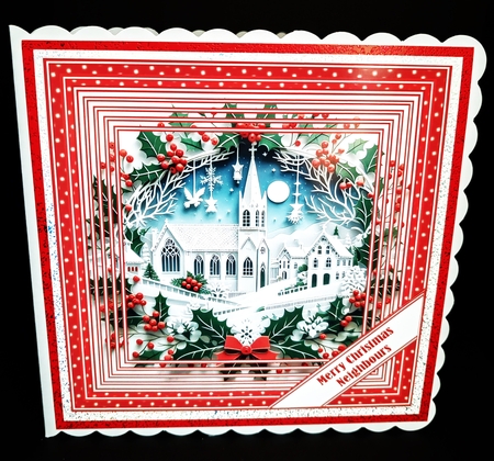 7 x 7 faux layered Christmas paper cut church quick card front (Red). by Diane  Hitchcox