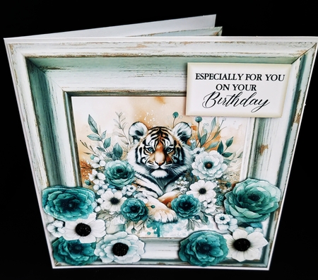 Cute Tiger with Teal Flowers Birthday 7 x 7 Card by Diane  Hitchcox