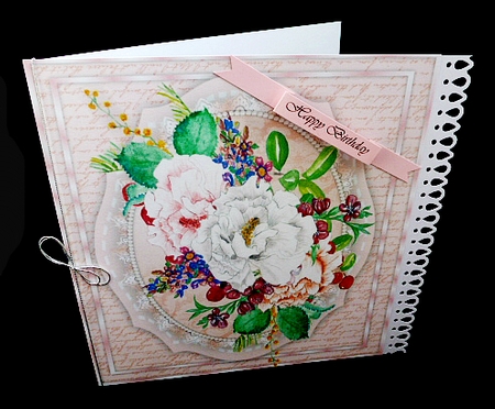 Beautiful Pink roses on a script and lace Mat by Diane  Hitchcox