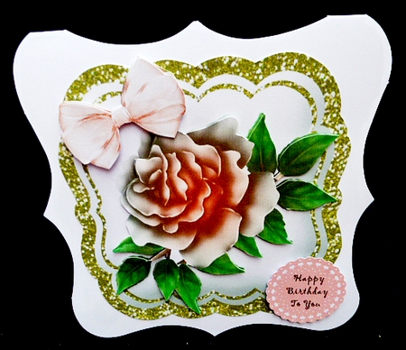pretty painted peach roses with organza bow in gold glitter 8x8 frame by Diane  Hitchcox