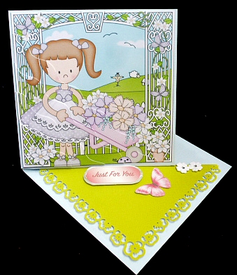 Girlz Liz has a Wheelbarrow of Flowers Wavy Corner side stacker Topper by Diane  Hitchcox