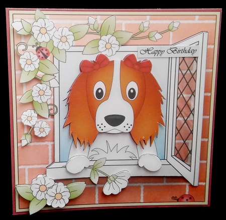 8 x 8 Mini Kit with 3d Decoupage - Through the Window - Little Springer Spaniel Dog Petra by Diane  Hitchcox