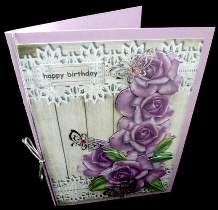 Purple  Roses, Wood & lace Quick Card by Diane  Hitchcox