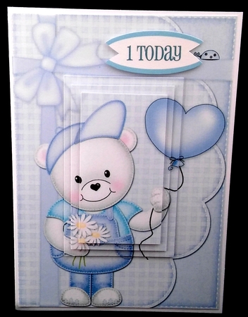 A5 Teddy Ed has a Balloon & Flowers Pyramage Topper by Diane  Hitchcox