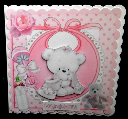 cute teddy with her pink blanket, bottle on bib in frame 8x8 by Diane  Hitchcox