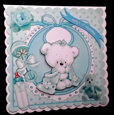 Cuddly teddy with his turq blanket, bottle on bib, in frame 8x8 by Diane  Hitchcox