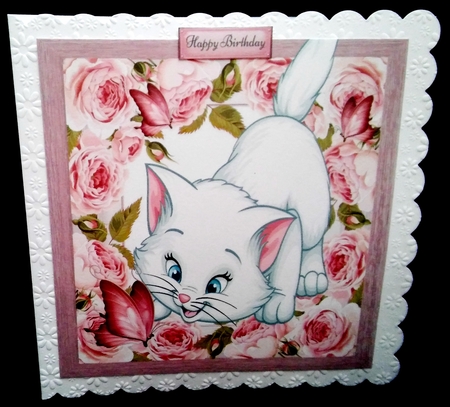 Cute White Cat Playing With Butterflies 8x8 by Diane  Hitchcox