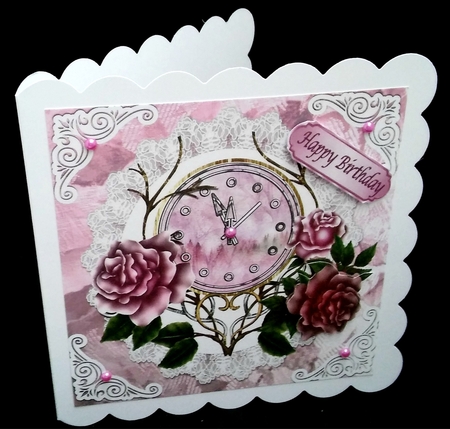 Nearly Midnight! with vintage clock & pink roses with lace 8x8 by Diane  Hitchcox