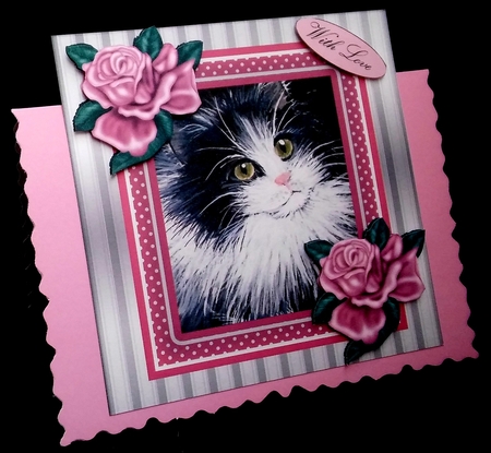 Lovely painted black and white kitten with pink frame and roses 8x8 by Diane  Hitchcox