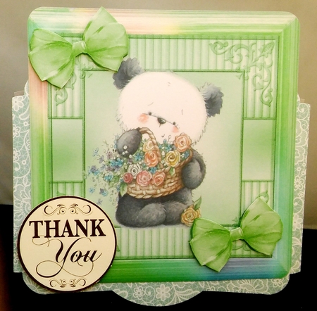 cute little panda with flowers and green  bows in rainbow frame 8x8 by Diane  Hitchcox