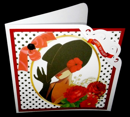 classy lady with polkadot, red bow, roses and birds 8x8 by Diane  Hitchcox