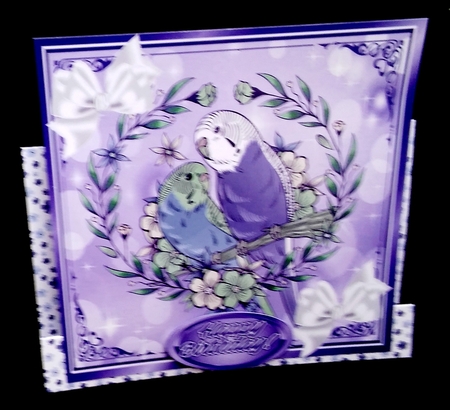 pretty budgies with white bows in ornate purple frame 8x8 by Diane  Hitchcox