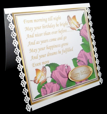 Pretty pink corner roses with verse & gold butterflies Card Front 8x8 by Diane  Hitchcox