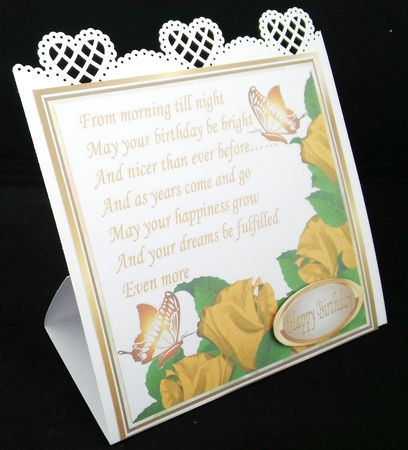 Pretty gold corner roses with verse & gold butterflies Card Front 8x8 by Diane  Hitchcox