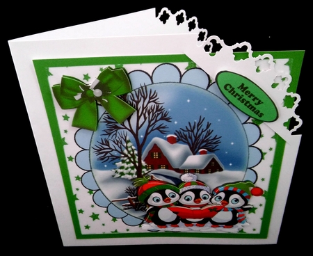 A Trio of Carol singing penguins with snow scene (Green) 8x8 by Diane  Hitchcox