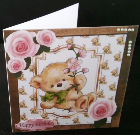 Lovely teddy bear with pink roses 8x8 by Diane  Hitchcox