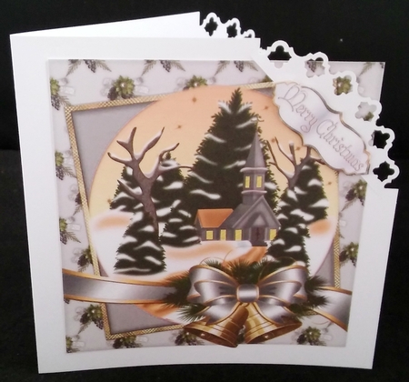 Lovely christmas snow scene with church stacked (silver) 8x8 by Diane  Hitchcox