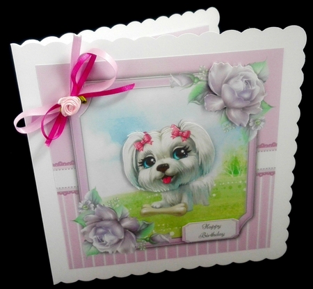 Gorgeous White Dog With Bows 8x8 by Diane  Hitchcox
