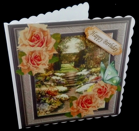 Pretty garden in a frame with peach roses & butterflies 8x8 by Diane  Hitchcox