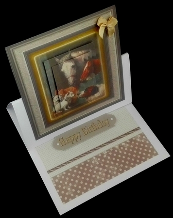   horses in the stable with puppies in a frame 7x7 with pyramids by Diane  Hitchcox