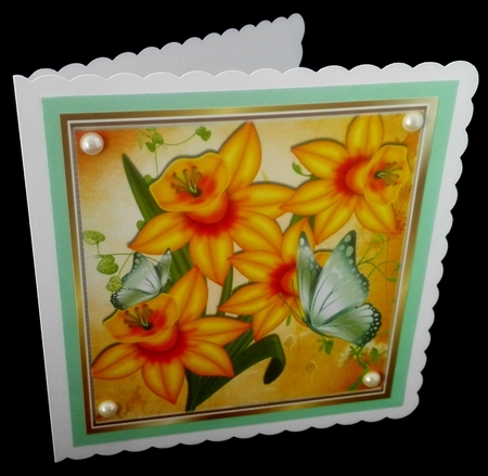 Pretty yellow daffodils with green butterflies 8x8 by Diane  Hitchcox