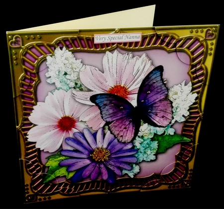 8 x 8 Flowers & Butterfly in a Gold Frame Scalloped Corner Topper   by Diane  Hitchcox