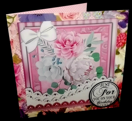 Pretty pink and white painted roses, white lace/white bow 8x8 by Diane  Hitchcox