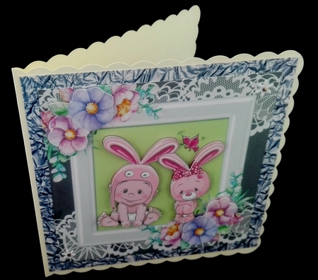Cute baby and bunny with flowers in ornate frame 8x8 by Diane  Hitchcox