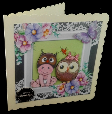 Cute baby and little owl with flowers in ornate frame 8x8 by Diane  Hitchcox