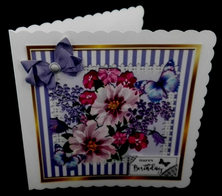 pretty lilac/pink flowers with butterflies & bow in stripe lace 8x8 frame by Diane  Hitchcox