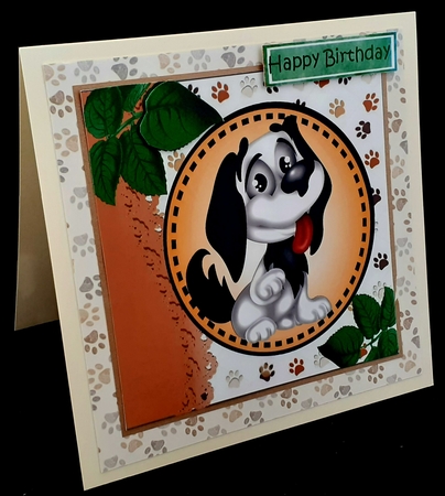 Cartoon black/white dog with leaves in 7x7 frame by Diane  Hitchcox