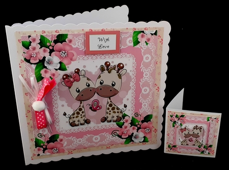 Cute pair of giraffes in lace frame with pink roses 8x8 by Diane  Hitchcox