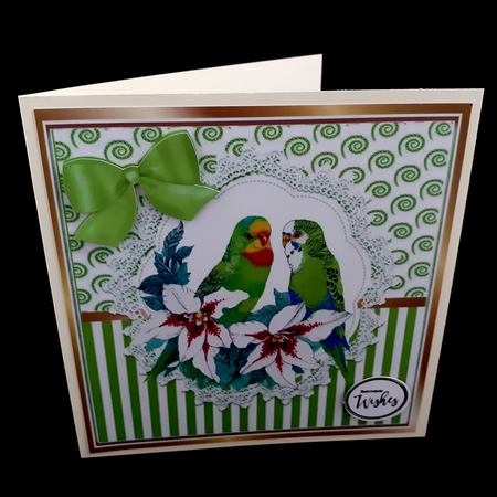 Pretty budgies on lace  with green stripe/swirls and bow card front 8x8 by Diane  Hitchcox