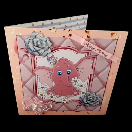 Cute pink elephant with diamante silver roses 8x8 by Diane  Hitchcox