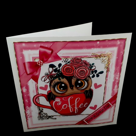 Cute owl in coffee cup with pink bows 8x8 by Diane  Hitchcox