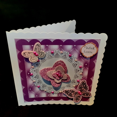 Pretty lilac quilt effect card front with lace doily 8x8 by Diane  Hitchcox
