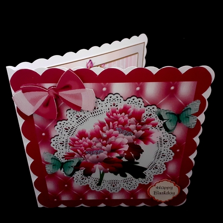 Pretty pink flowers with paper butterflies on lace with bow card front 8x8 by Diane  Hitchcox