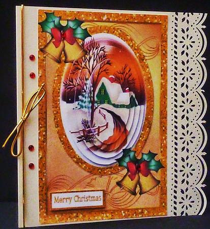 Pretty Cottage in the Snow with Bells Oval Pyramids by Diane  Hitchcox