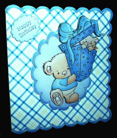 Bear with Gift Box in Blue Scalloped Card Kit by Diane  Hitchcox