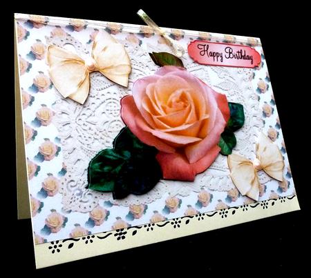 Pretty Shades of Peach Rose , on Ecru Vintage Lace with Bows by Diane  Hitchcox