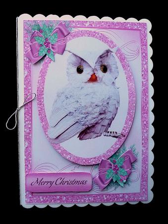 Snow Owl in Pink Glitter, with Pink Bow and Holly by Diane  Hitchcox
